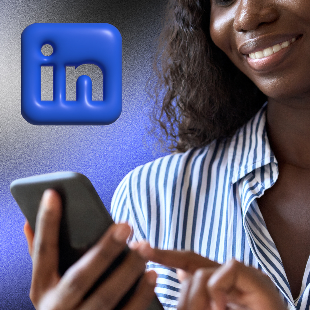 TeninTerrell.com | How to Fix Your LinkedIn Profile - Black Woman Using Mobile Phone against blue texture background with blue 3d LinkedIn logo