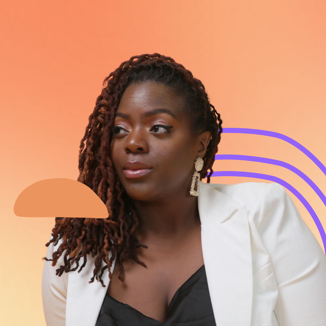 Tenin Terrell, african american woman with curled locs hairstyle against orange ombre background wearing white glazer with soft glance off to the distance